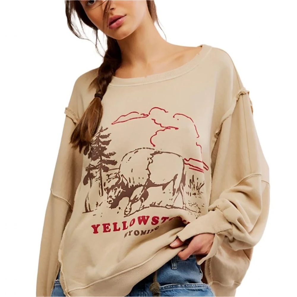 Free People Beige Yellowstone Graphic Long Sleeve Tee - Picture 6 of 14